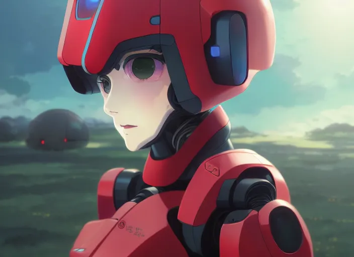 Prompt: portrait of girl piloting mecha humanoid robot, smoky sky background, lush landscape, illustration concept art anime key visual trending pixiv fanbox by wlop and greg rutkowski and makoto shinkai and studio ghibli and kyoto animation, red body suit, military gear, evangelion unit 0 2, grimdark