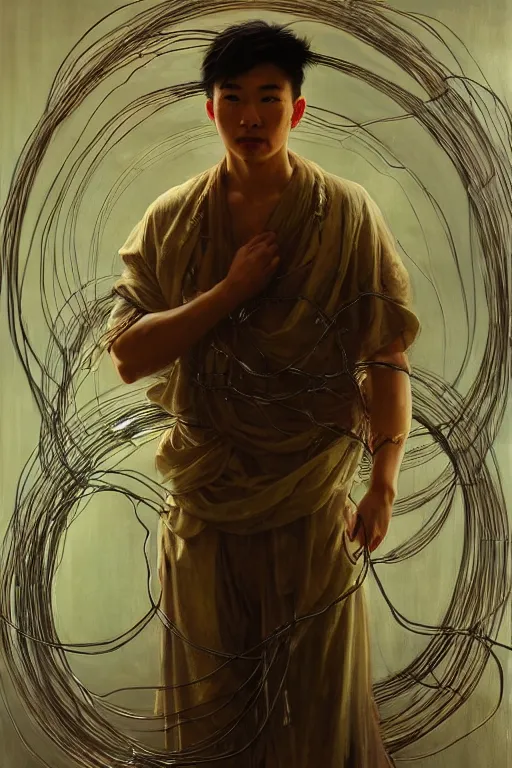 Image similar to hyperrealist portrait of an attractive angelic asian man, it is decorated with long wires that fall like vines and wears small computers over their body. by jeremy mann and alphonse mucha, fantasy art, photo realistic, dynamic lighting, artstation, poster, volumetric lighting, very detailed faces, 4 k, award winning