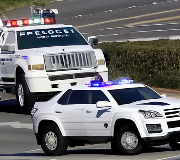 Image similar to donald trump driving white suv, high speed chase freeway, police cars, ap news photo