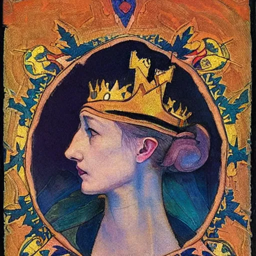 Prompt: the lantern crown, by Annie Swynnerton!!!! and Nicholas Roerich and (Edmund Dulac), embroidered brocade, tattoos, elaborate costume, geometric ornament, symbolist, rich colors, dramatic lighting, smooth, sharp focus, extremely detailed
