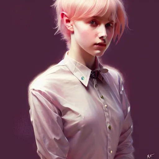 Image similar to portrait of a scottish teenage girl with pinkish grayblonde hair, glowing skin, awkward, nerdy, fantasy, intricate, elegant, dress shirt, highly detailed, digital painting, artstation, concept art, smooth, sharp focus, illustration, art by Krenz Cushart and Artem Demura and alphonse mucha