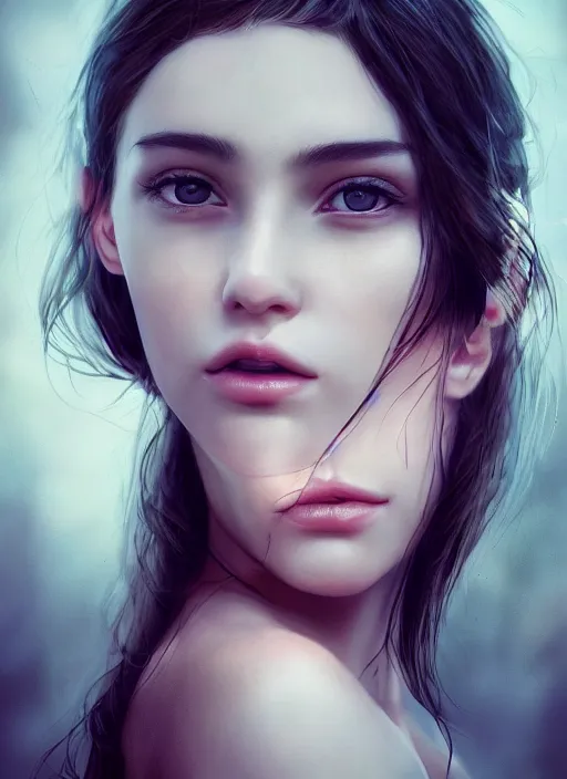 Prompt: a realistic photo portrait of beautiful 👧 with soft 👀 fashion modeling pose, full body, like a professional model, face by WLOP, body by Alex Flores, face symmetry, style of Dan Luvisi, and Charlie Bowater, rendered, cinematic color grading, muted colors, soft light, rule of thirds, cinematic