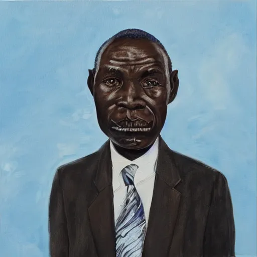 Prompt: a painting of a fatherly wide forehead, round face, XXL , loving, caring, generous, ever-present, humble, wise elder from Kenya in a suit by Wangechi Mutu . Fatherly/daddy, focused, loving, leader, relaxed. blue background, ethereal lights, details, smooth, sharp focus, illustration, realistic, cinematic, artstation, award winning, rgb , unreal engine, octane render, cinematic light, macro, depth of field, blur, , highly detailed epic cinematic concept art CG render made in Maya, Blender and Photoshop, octane render, excellent composition, dynamic dramatic cinematic lighting, aesthetic, very inspirational, arthouse.
