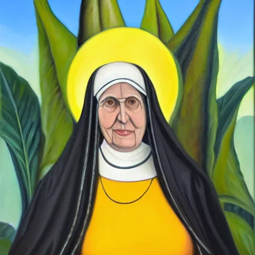 Prompt: oil painting of a nun flanked by brugmansia suaveolens flowers