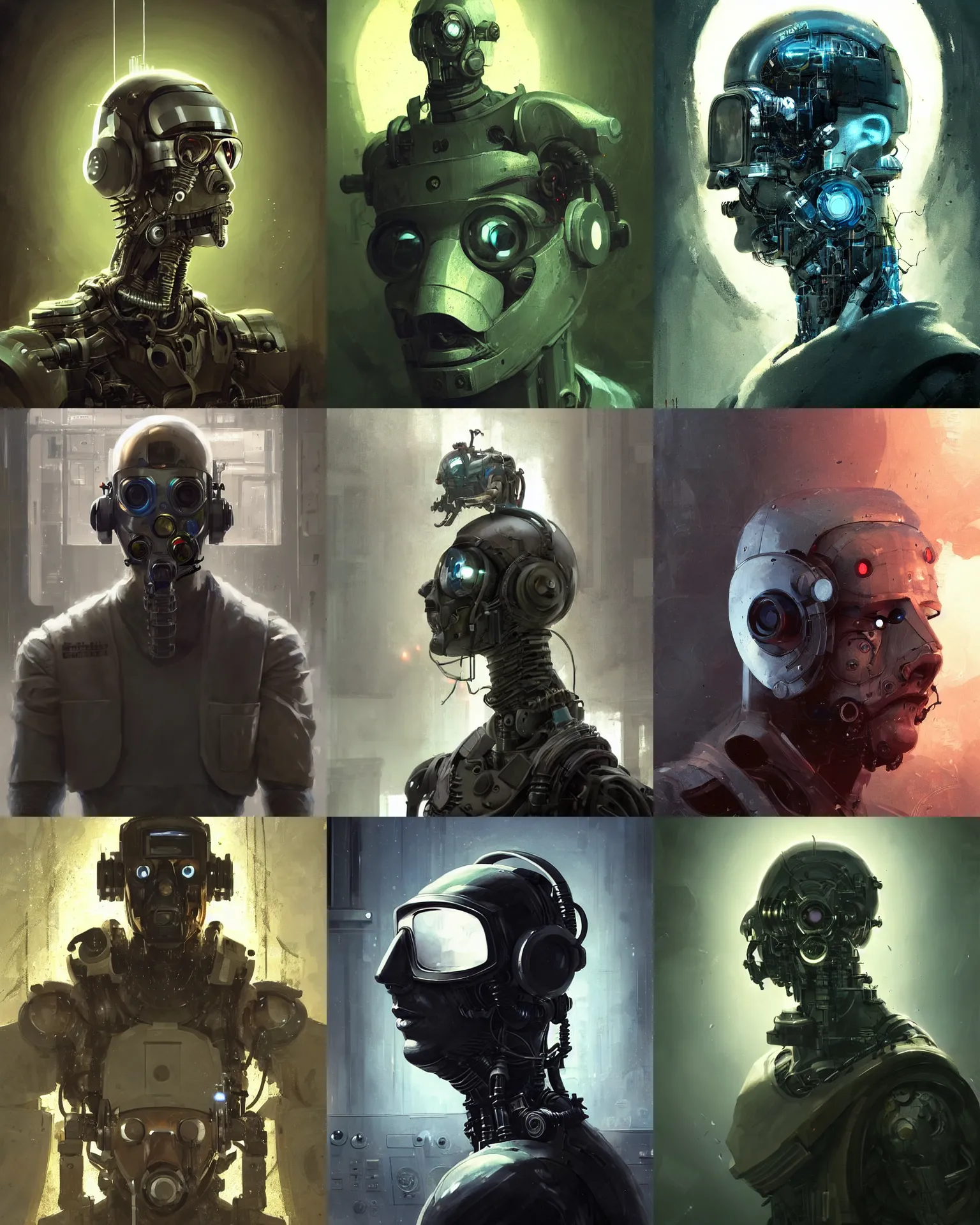 Image similar to a masked laboratory technician man with cybernetic enhancements seen from a distance, scifi character portrait by greg rutkowski, craig mullins, 1 / 4 headshot, cinematic lighting, dystopian scifi outfit, profile picture, mechanical, cyborg, half robot