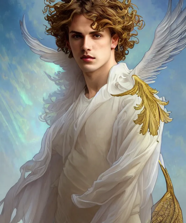 Prompt: fullbody symmetrical portrait of a beautiful young fit male angel with curly blond hairs, full dressed in long fluent clothes, majestic big dove wings, luminous halo, by greg rutkowski and alphonse mucha, gradient white to gold, in front of an iridescent background, highly detailed portrait, digital painting, artstation, concept art, smooth, sharp focus illustration