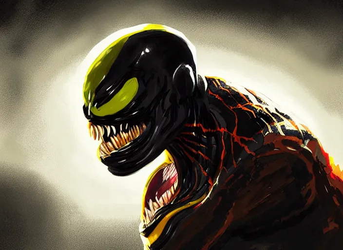 Prompt: venom fused with deadshot yellow eye open mouth spotlight, ultra realistic digital painting by greg rutkowski