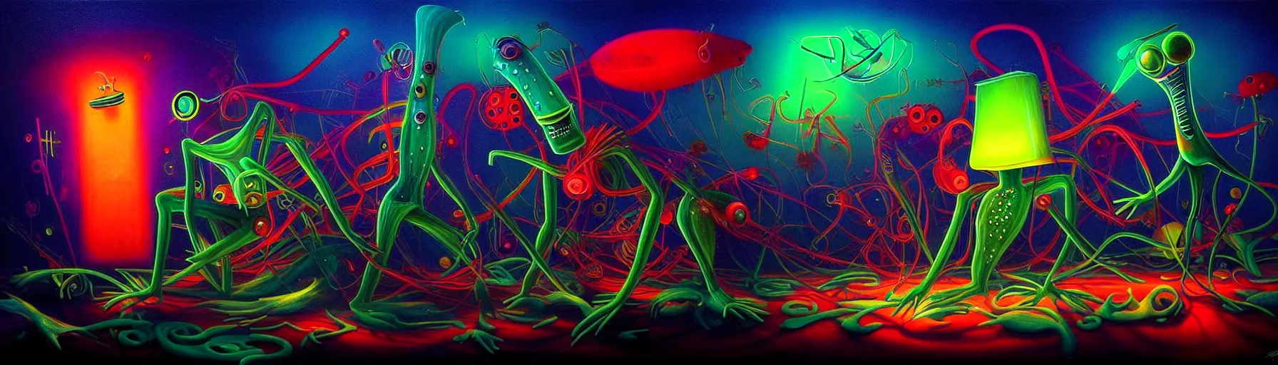 Image similar to strange plankton creatures from the depths of the collective unconscious, dramatic lighting, surreal darkly colorful painting by ronny khalil