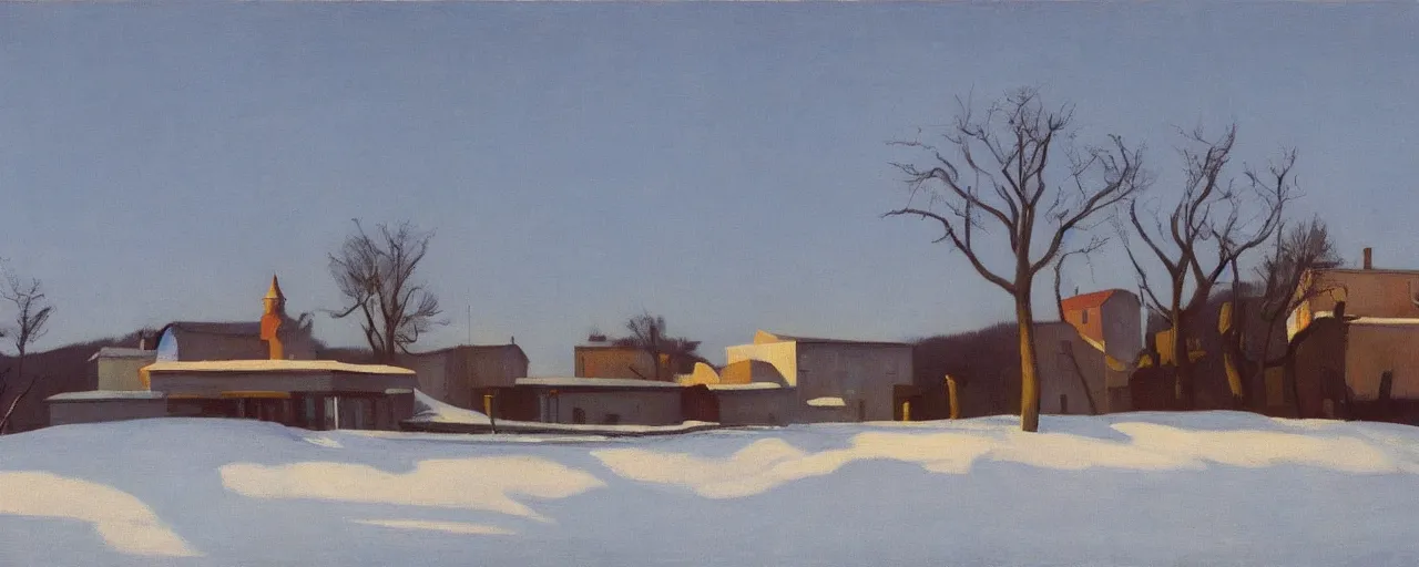 Prompt: an edward hopper style painting of ( ( ( ( ( ( ( ( balatonfured, a resort town in veszprem county, in hungary ) ) ) ) ) ) ) ), early - winter, december of 1 9 4 8