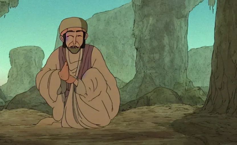 Image similar to a cell - shaded cartoon movie still from princess mononoke ( 1 9 9 7 ) of a middle eastern imam kneeling in prayer. a golden ufo is in the sky. very dull muted colors, hd, 4 k, hq