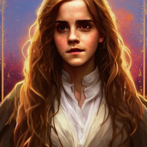 Image similar to Painting of Emma Watson as Hermione Granger. Prisoner of Azkaban. Cheerful. Happy. Art by artgerm and greg rutkowski and alphonse mucha. During golden hour. Extremely detailed. Beautiful. 4K. Award winning.