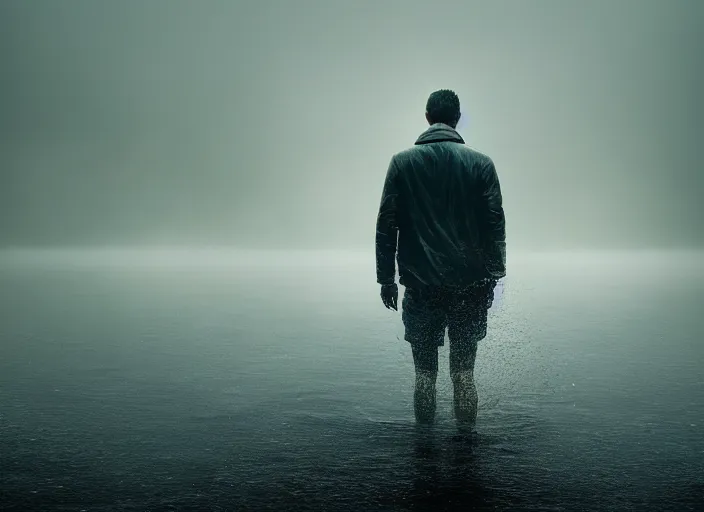 Image similar to portrait of a man who enters the water, fog, rain, volumetric lighting, beautiful, mystique, golden hour, sharp focus, ultra detailed, concept art, jan urschel, dylan cole, noir art house, 4 k, 3 5 mm, fujifilm