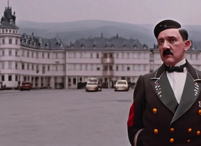 Image similar to a film still of a pompous gay adolf hitler in the grand budapest hotel ( 2 0 1 4 ) )