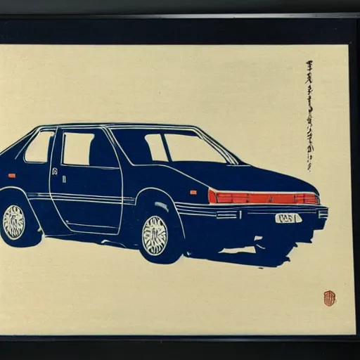 Image similar to japanese woodblock print of a 1 9 8 0 honda civic,