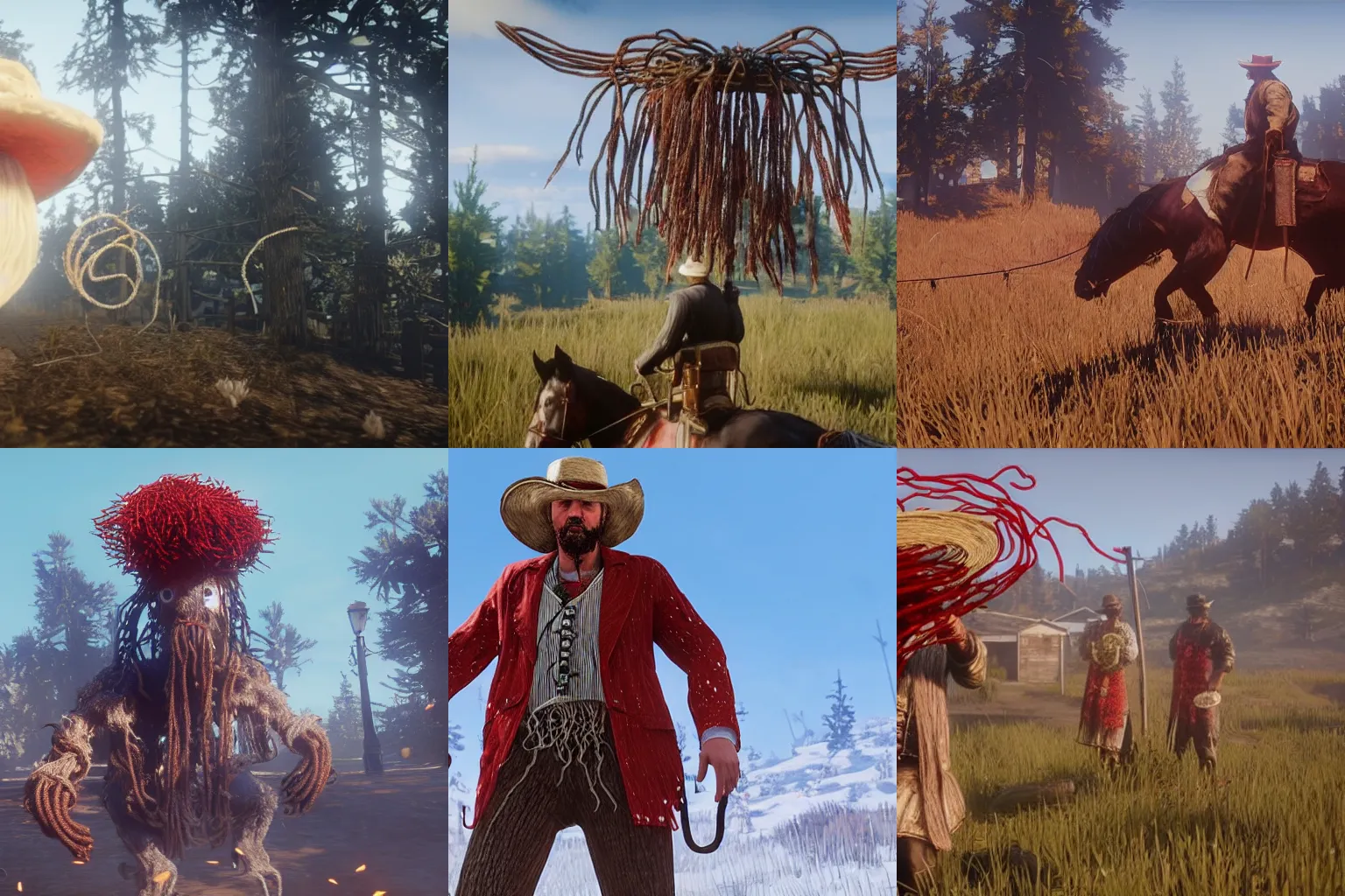 Prompt: Flying spaghetti monster in Red Dead Redemption 2