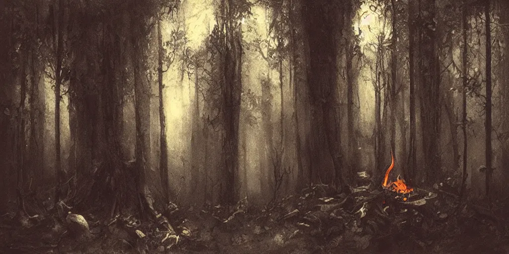 Image similar to bohemian grove in the woods, ominous atmosphere, dark environment, torches source of orange light. art by artem demura