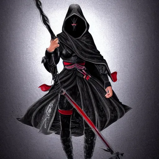 Prompt: character portrait of female hooded ninja thief beetle - rider, battle hardened imposing noble bearing, partially cloaked and hooded in thick black fabrics - exquisitely detailed weaponry and ornate staff, battle armor, dark forest fantasy atmosphere. dramatic lighting, digital painting, intricate, beautiful, rich deep colors masterpiece, sharp focus, ultra detailed