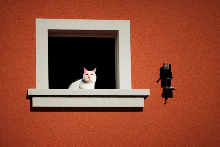 Image similar to vfx film closeup, cat on a window ledge, flat color profile low - key lighting award winning photography arri alexa cinematography, hyper real photorealistic cinematic, atmospheric cool colorgrade