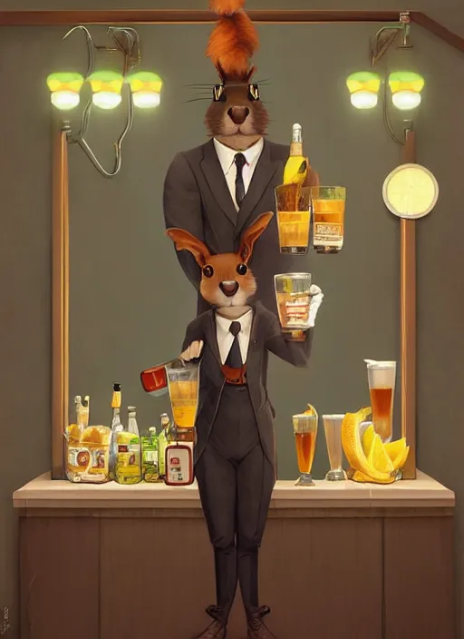 Image similar to squirrel anthro as a dapper bartender with a big, fluffy tail, retro futurism, art deco, detailed, painterly digital art by WLOP and Cory Loftis and Norman Rockwell, 🐿🍸🍋, furaffinity, trending on artstation