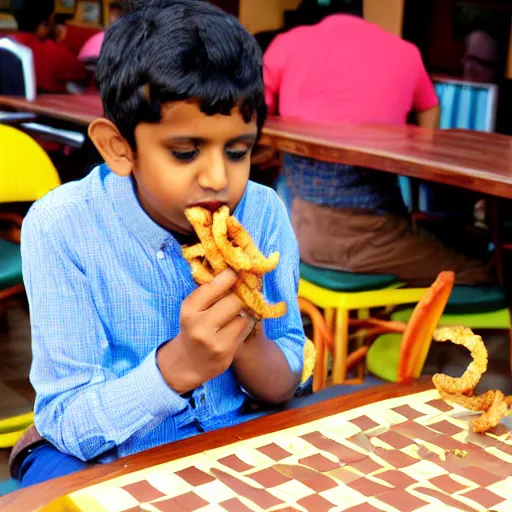 Prompt: Rameshbabu Praggnanandhaa eating curly fries at the chessboard
