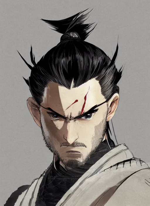 Image similar to portrait of a rough samurai ronin, digital painting masterpiece, advanced lighting technology, stylized yet realistic anatomy and face, gorgeous, by reiq and bengus and akiman and shigenori soejima and bastien vives and balak and michael sanlaville, 4 k wallpaper, cinematic, gorgeous brush strokes, coherent and smooth