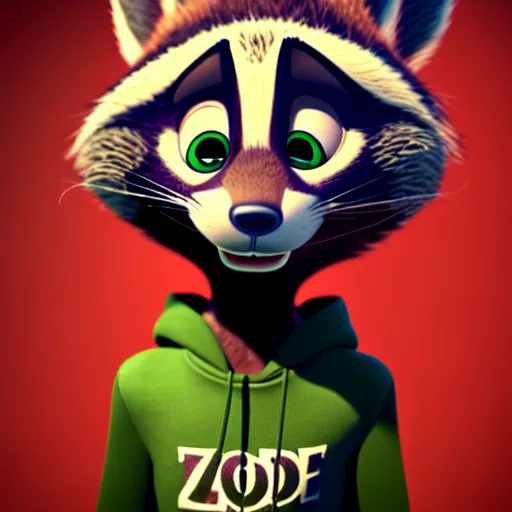 Prompt: a relaxed stoner with a black hoodie on with a marijuana themed dark green raccoon head from zootopia, 3 d, blender 3 d, render, extremely detailed, 8 k, has cracked red eyes
