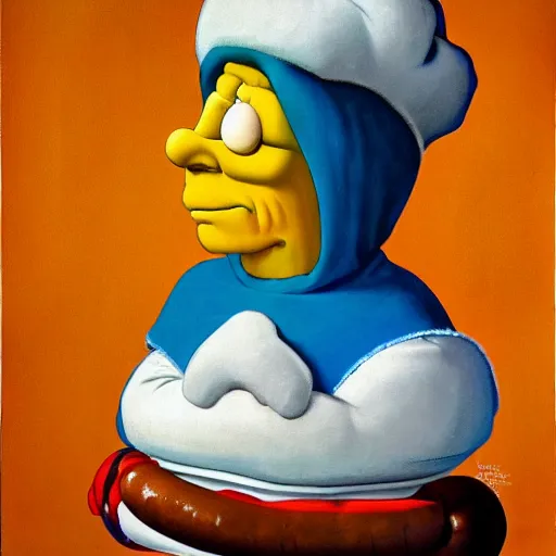 Prompt: realistic portrait of bart simpons in a hotdog costume, detailed art by maxfield parrish and jessie willcox smith, illustration style, brandywine school, acrylic paints