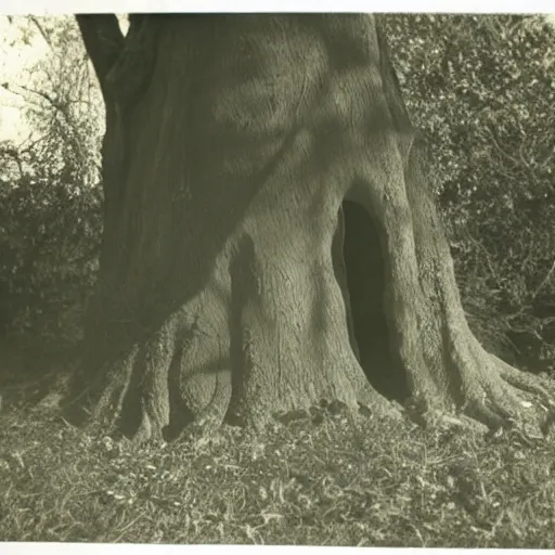 Prompt: shadow monster hiding behind a tree, vintage photo, eerie, 1920s