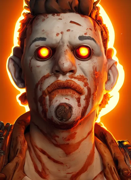 Image similar to heatwave portrait of curly orange hair man from borderlands 3, au naturel, hyper detailed, digital art, trending in artstation, cinematic lighting, studio quality, smooth render, unreal engine 5 rendered, octane rendered, art style by klimt and nixeu and ian sprigger and wlop and krenz cushart.