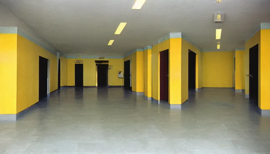 Image similar to 60s movie still of a sovietic stalinist style empty hospital corridor with light yellow tiles floor, cinestill 800t 50mm eastmancolor, liminal Space style, heavy grain-s 150