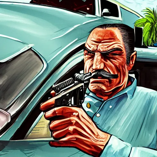 Image similar to highly detailed old man in car holding gun gta vice city art,, fantasy art by stephen bliss