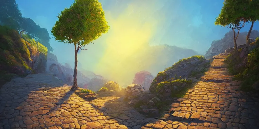 Image similar to a lonely cobblestone street with a tree on a cliff over the sea at sunset, brightly illuminated by rays of sun, artstation, colorful sylvain sarrailh illustration, by peter chan, wrong perspective points