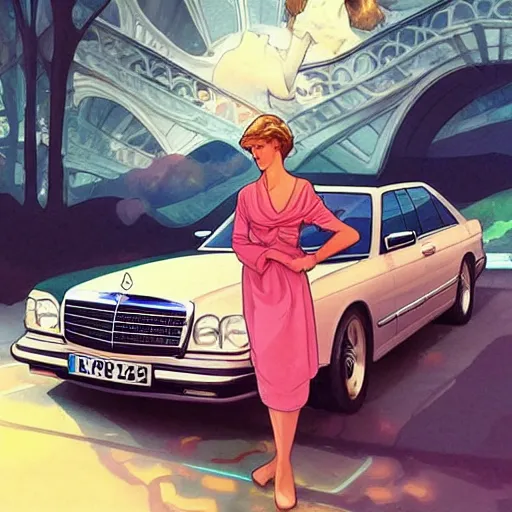 Image similar to Princess Diana standing next to a Mercedes-Benz W140, highly detailed, digital painting, artstation, concept art, smooth, sharp focus, illustration, art by artgerm and alphonse mucha, high definition digital art, in the style of Ross tran and ilya kuvshinov