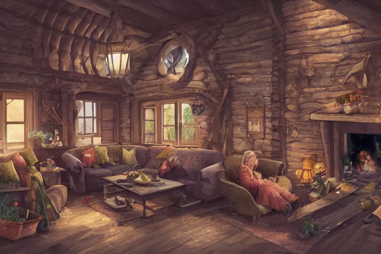 Image similar to wooden cottage, living room, elves sitting on the couch, high - tech devices, traditional fireplace, concept art