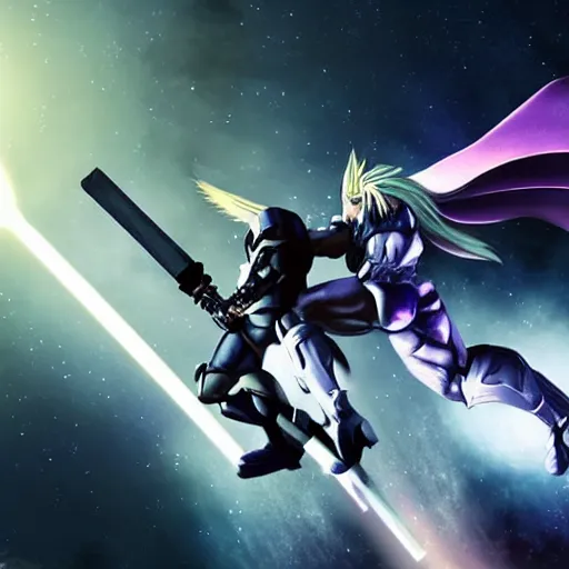 Prompt: Photograph. Film still. Sephiroth body slamming Megatron. In outer space. Cinematic. Incredible lighting. Beautiful. Stunning. Extremely detailed. 4K.