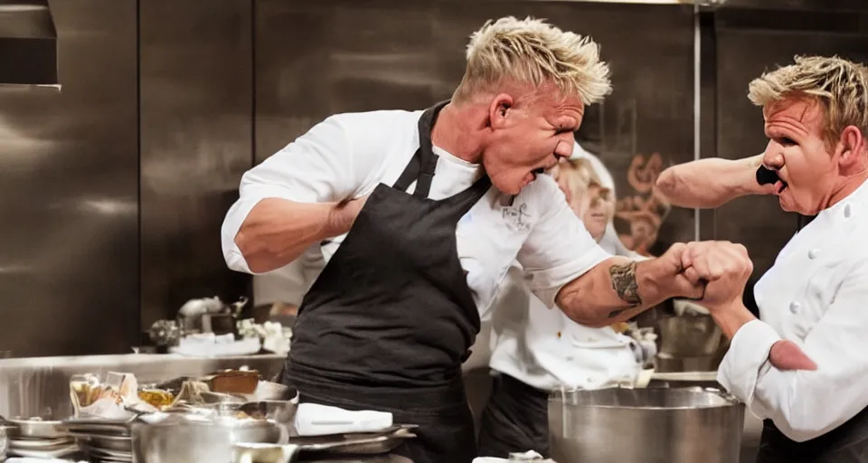 Image similar to photo of angry furious Gordon Ramsay punching Gordon Ramsay at the kitchen