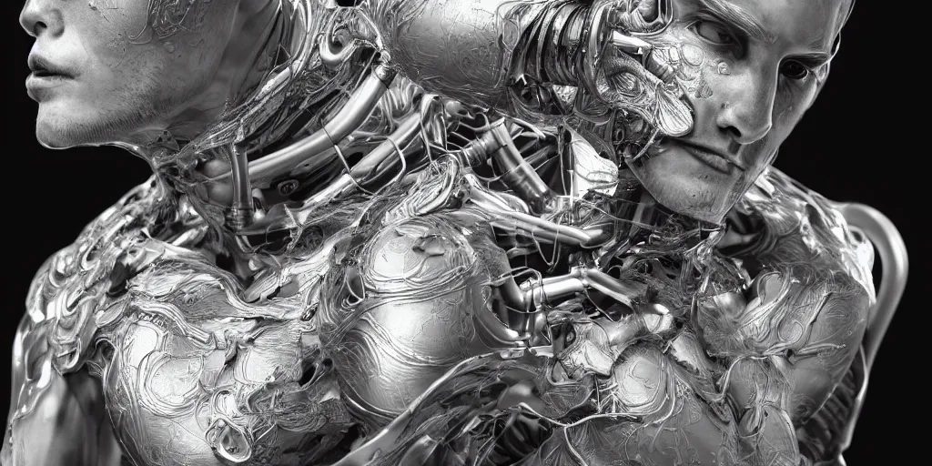 Image similar to hyper realistic photography of a stunningly beautiful cyborg male, elbow, thy, intimate, holding close, reflective chrome in the style of beth cavener, jin kagetsu,, and wlop, highly detailed, intricate filigree,, masterpiece, award winning, sharp focus, concept art, ringflash lighting, ambient lighting, octane render, 8 k, artstation