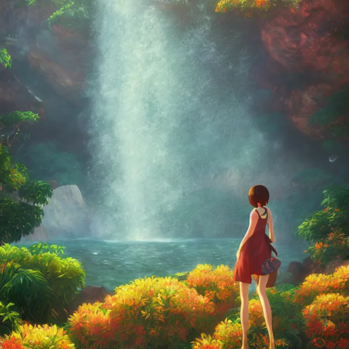 Image similar to an epic makoto shinkai and renoir landscape with a hawaiian waterfall, golden hour, 🌺, a beautiful woman with long brown hair, ultra smooth, octane render, lois van baarle, ilya kuvshinov