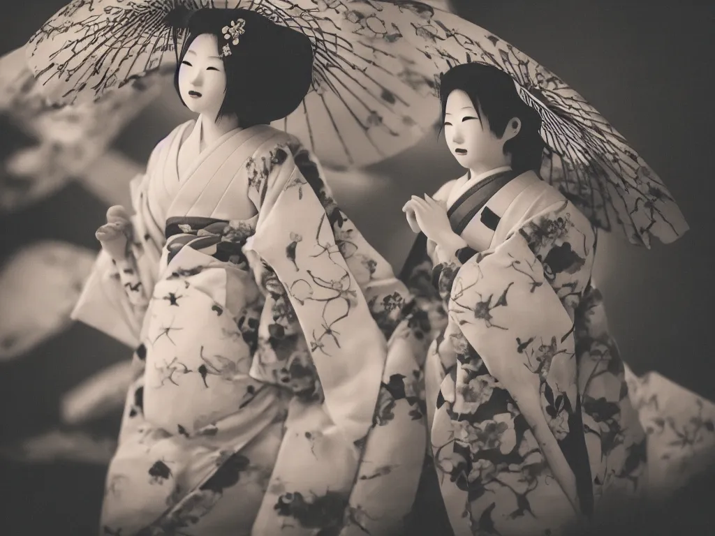 Image similar to japanese geisha, by akihito yoshida, by hayao myazaki, by yoshitaka amano, vintage, macro, f / 2 2