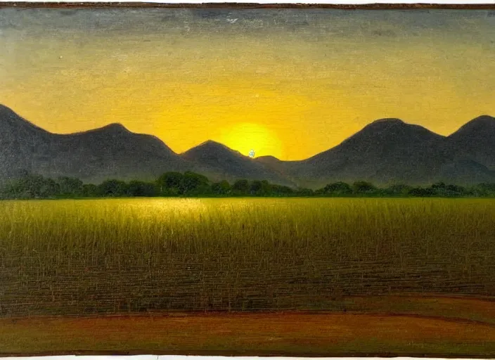 Prompt: painting of a rice paddy with two big mountains in the background, ( a wide asphalt road )!!!! divides paddy field in the middle composition, big yellow sun rising between 2 mountains, oil painting by old master masterpiece