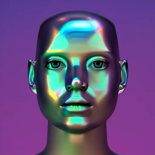 Prompt: topographic lines create a 3d render of holographic human robotic head made of glossy iridescent, surrealistic 3d illustration of a human face non-binary, non binary model, 3d model human, cryengine, made of holographic texture, holographic material, holographic rainbow, concept of cyborg and artificial intelligence, topographic lines