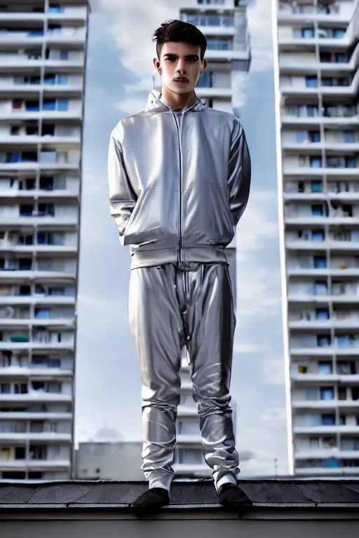 Image similar to un ultra high definition studio quality photographic art portrait of a young man standing on the rooftop of a british apartment building wearing soft padded silver pearlescent clothing. three point light. extremely detailed. golden ratio, ray tracing, volumetric light, shallow depth of field. set dressed.