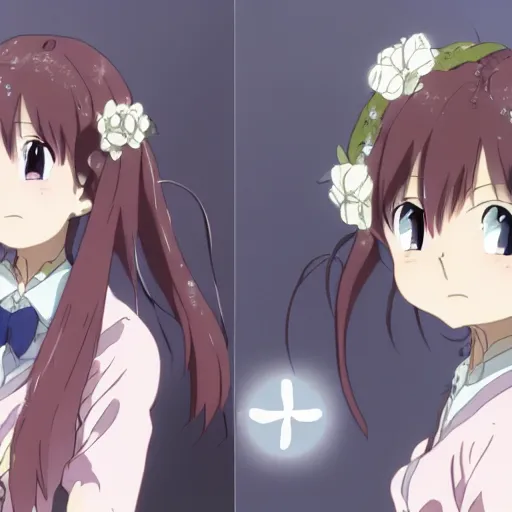 Image similar to girl with red ribbons in her hair, anime, kyoto animation, magical