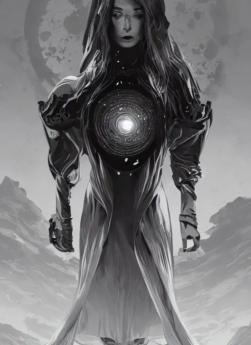 Image similar to at the top of the composition is a symmetrical centered portrait of Anna Millerstone as a Dark evil witch, big moon in the background, at the bottom of the composition is grey space, dramatic lighting, book cover illustration by Greg rutkowski, yoji shinkawa, 4k, digital art, concept art, trending on artstation, golden silver elements, empty grey space at the top, flower elements