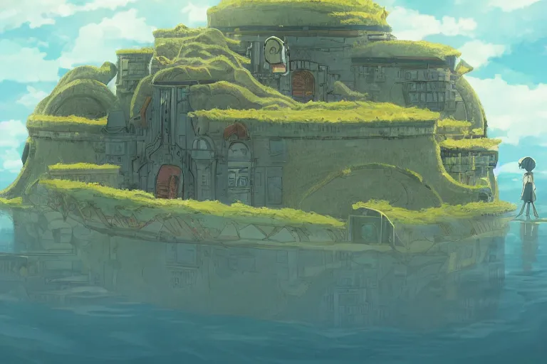 Image similar to a land outside of time and space with floating sands and flying beasts with a Fort in the middle and water tunnels below, a man standing watching over, by studio ghibli, environment art