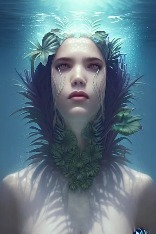 Prompt: tropical plants!! windy murky underwater garden, wearing a water cloak! with a beautiful symmetrical face!!! cinematic lightning, murky dusty deep, reflection white eyes, isolated, studio lighting by artgerm, brom, yuri shwedoff and tom bagshaw