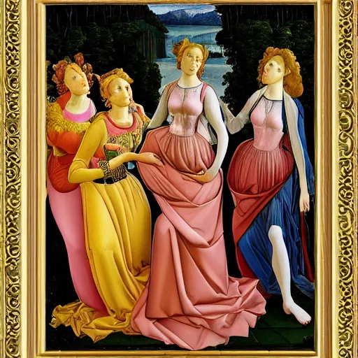 Image similar to oil painting of the Golden Girls by Botticelli, 8k high definition museum quality, beautiful, ornate, Italian renaissance, Medici,