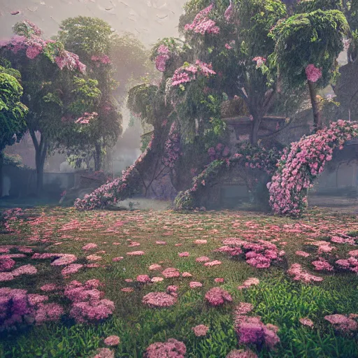 Image similar to A ruined city overgrown by flowers, octane render, 8K, depth of field, By WLOP