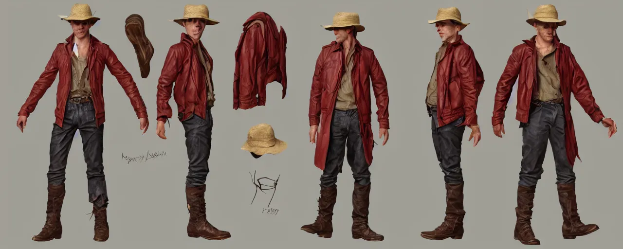 Image similar to character design, reference sheet, fashion, exagerrated thin, gaunt, 40's adventurer, unshaven, optimistic, stained dirty clothing, straw hat, riding boots, red t-shirt, dusty rown bomber leather jacket, , detailed, concept art, photorealistic, hyperdetailed, 3d rendering , art by Leyendecker and frazetta,
