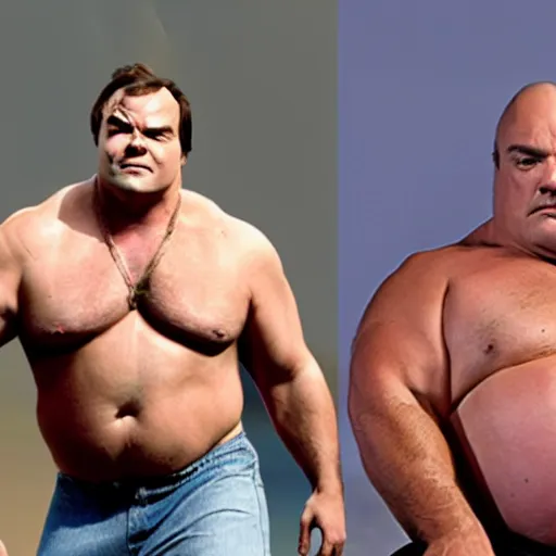 Image similar to jack black and the rock as a single portly buff man